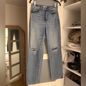 Light Blue Distressed Straight Leg Jeans - Women